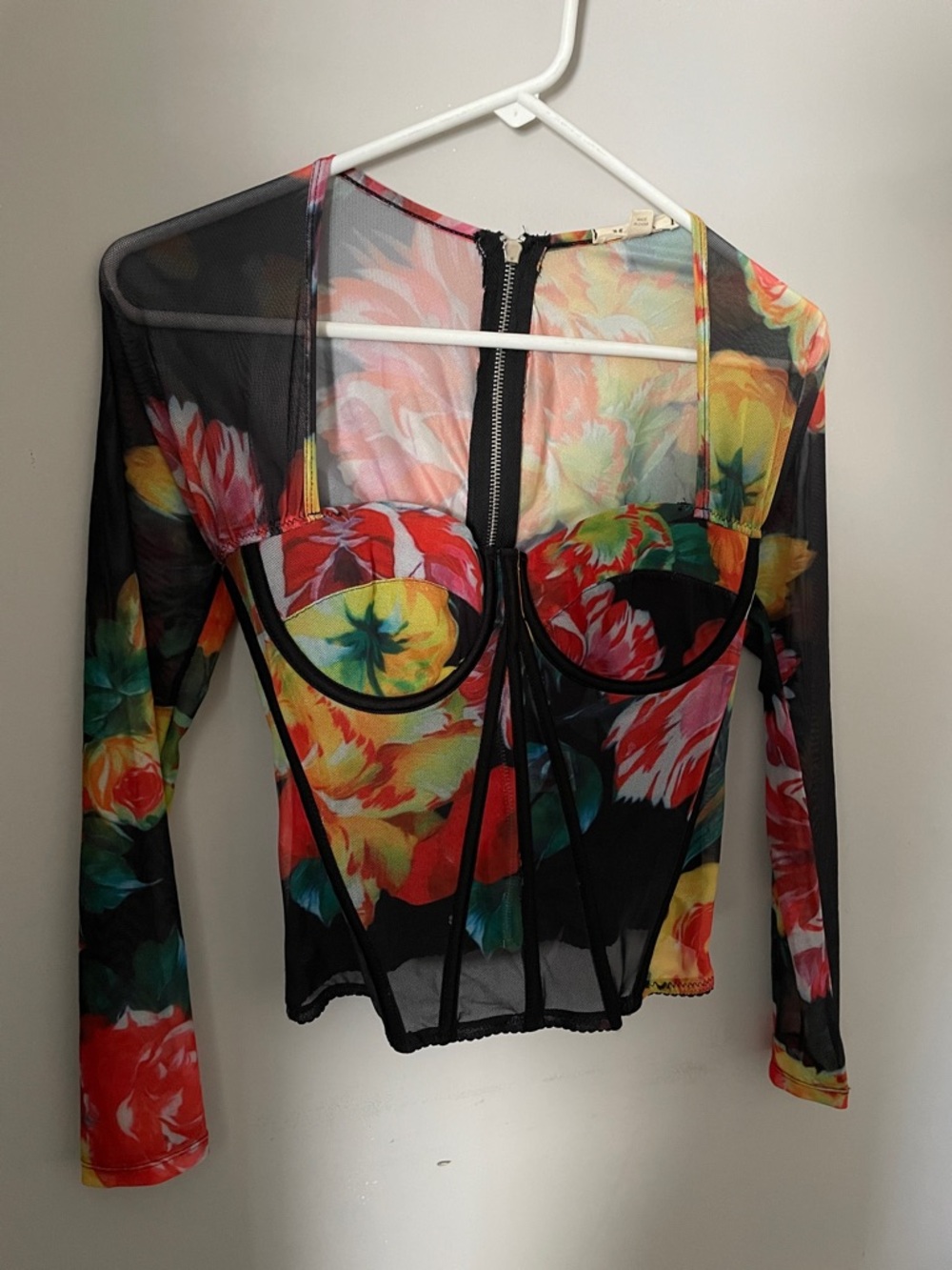 Floral Mesh Long-Sleeve Bustier Top - Black Multi